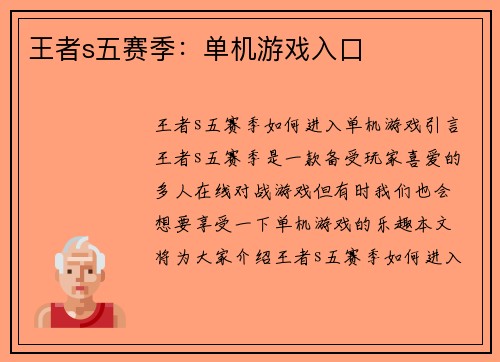 王者s五赛季：单机游戏入口
